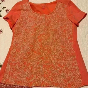 Isaac Mizrahi Knit Embroidery Top Size Large Coral